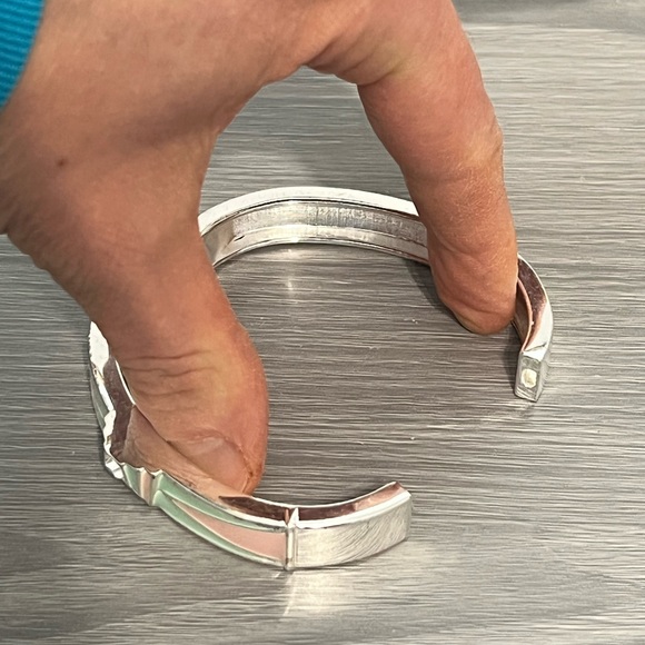 Silver Hinged Bangle Bracelet w/ Seafoam Green and Peach Enamel and CZ Diamond - Picture 5 of 6